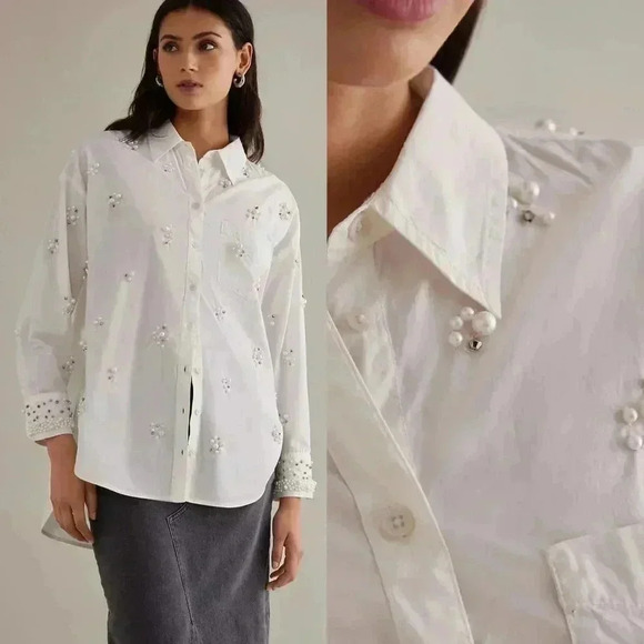 Anthropologie Maeve The Bennet Buttondown Shirt Pearl-Embellished Edition Small - Picture 7 of 7